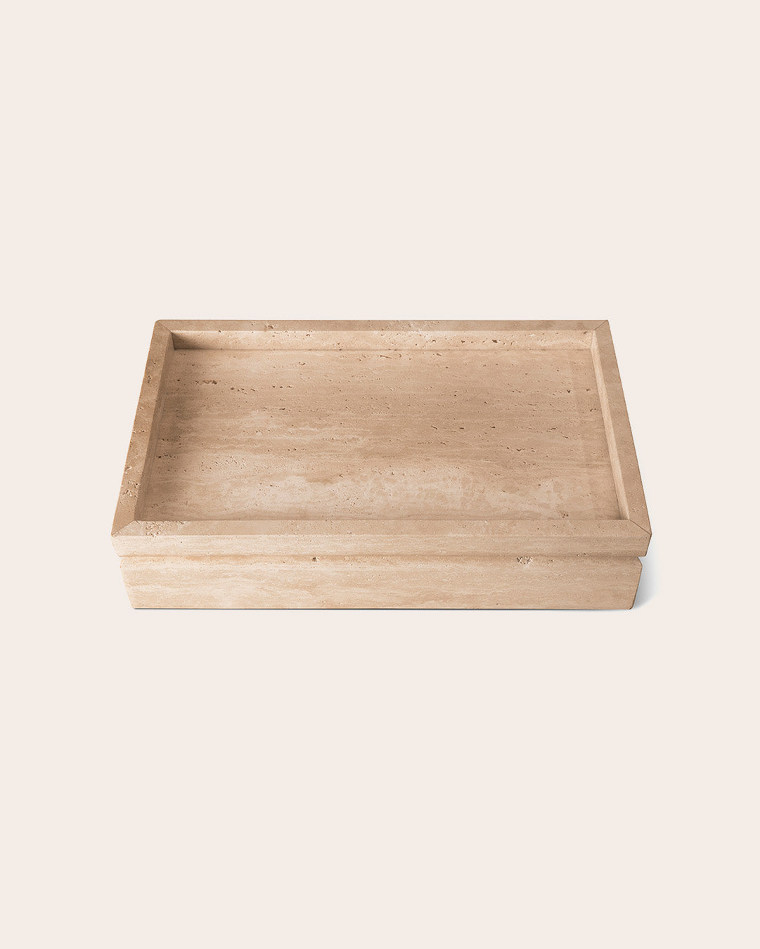 Tray urn in classic travertine with oak lid, on a white background