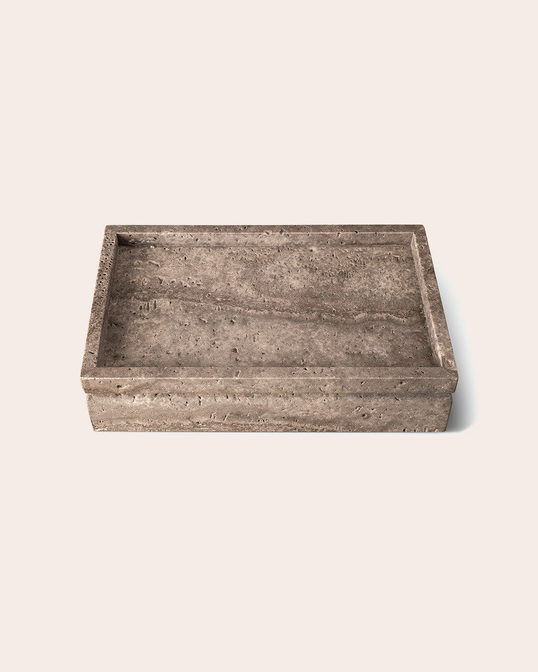 Tray urn in silver travertine with oak lid, on a white background